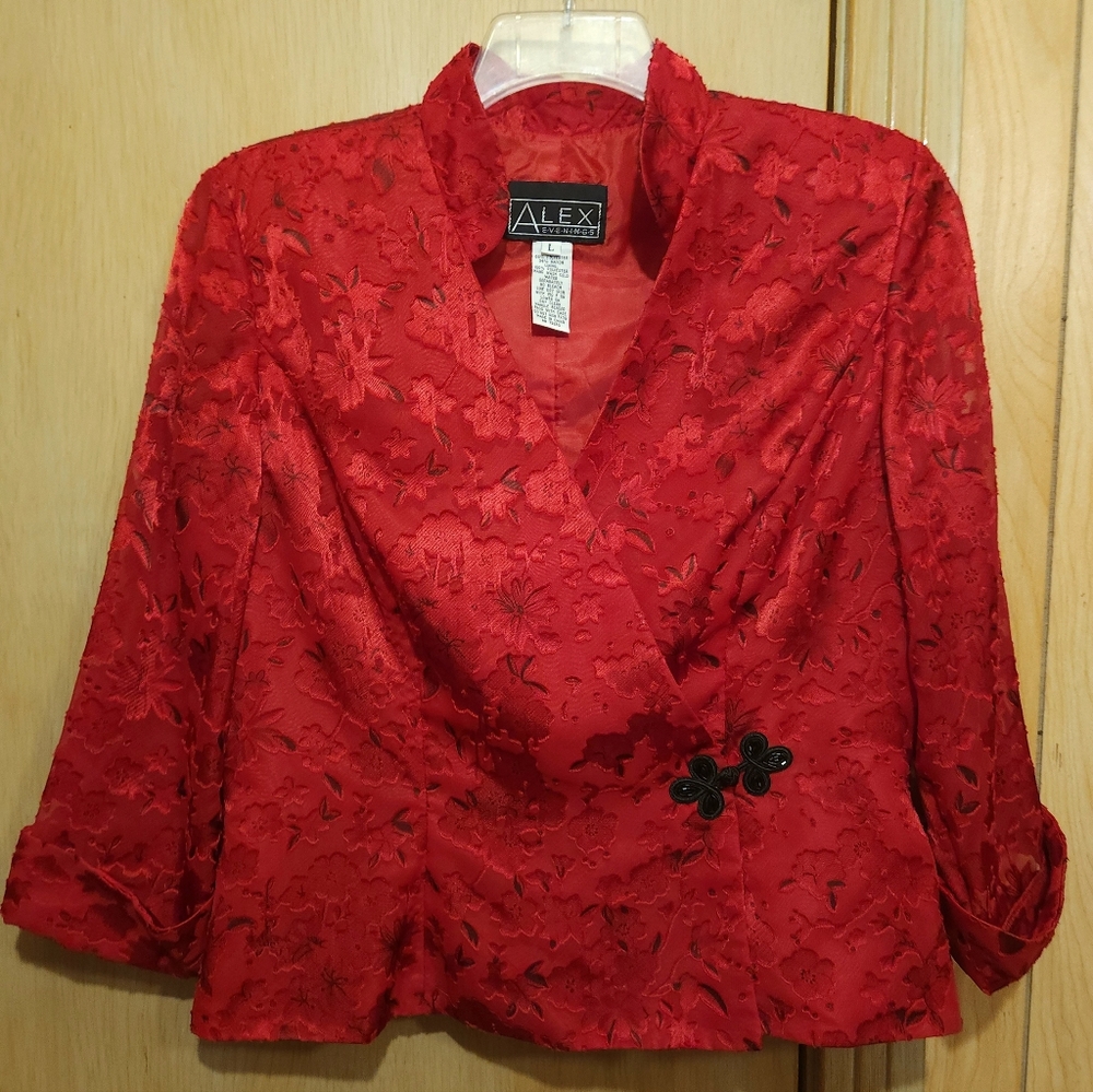 Alex Evenings Blouse Womens Lrg Ruby Red Floral Lace Satin Lined Wrap Top